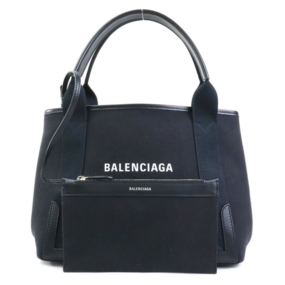 Balenciaga Blue Cabas Black Leather Shoulder Bag Navy Tote Canvas - Picture 2 of 4